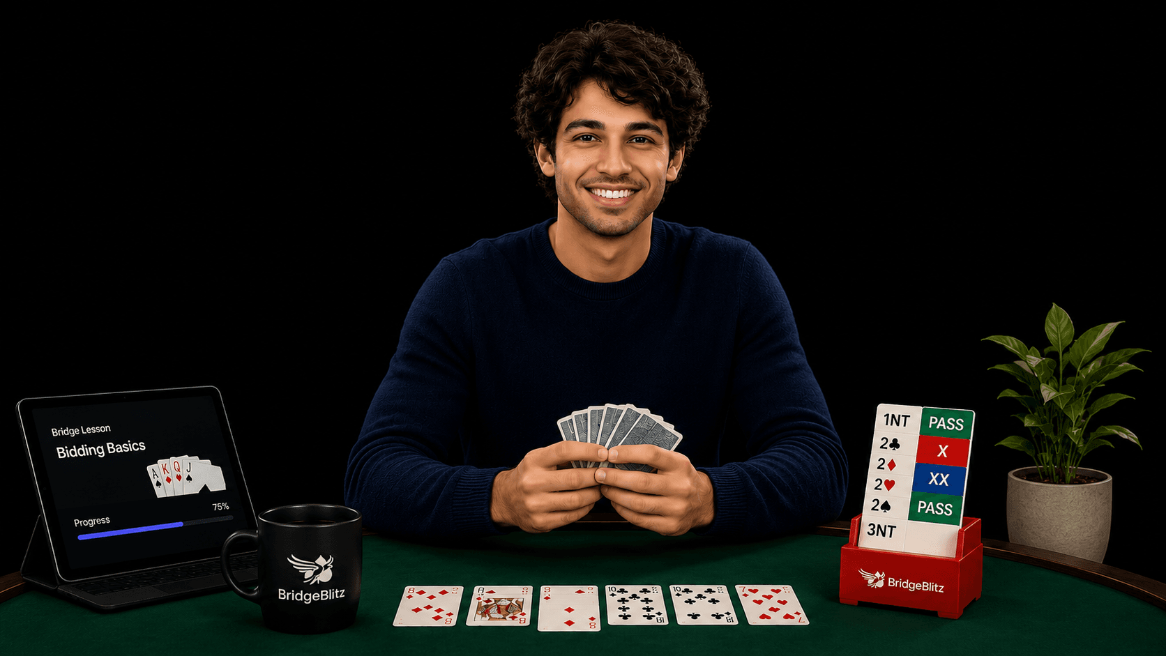 Young bridge learner smiling at camera and holding cards